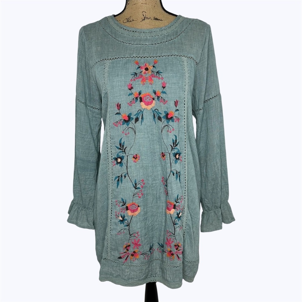Umgee Green Floral Embroidered Tunic Top Mini Dress Crochet Cottage Boho Sz M